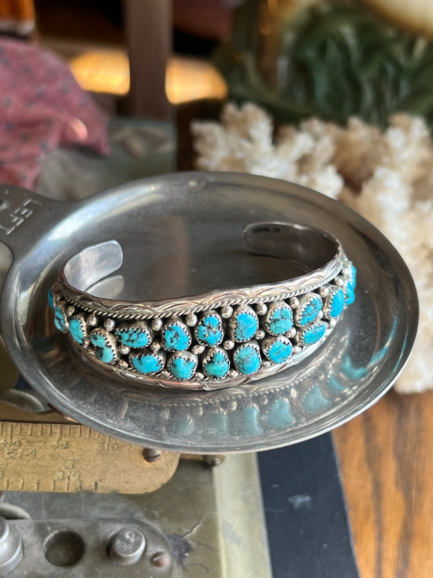 “A” Sterling Silver Kingman Turquoise 20-Stone Cuff
