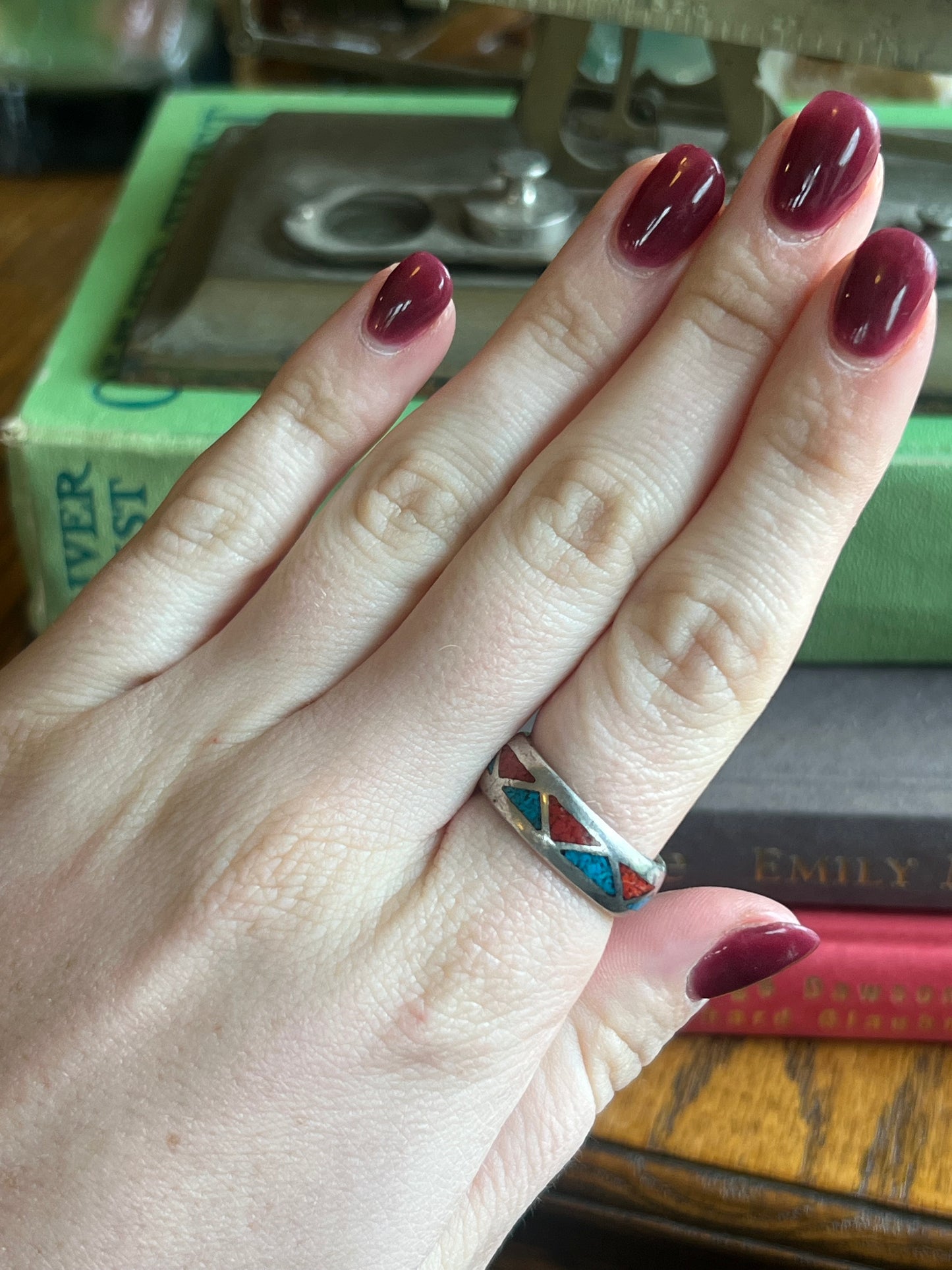 Turquoise & Coral Crushed Inlay Ring