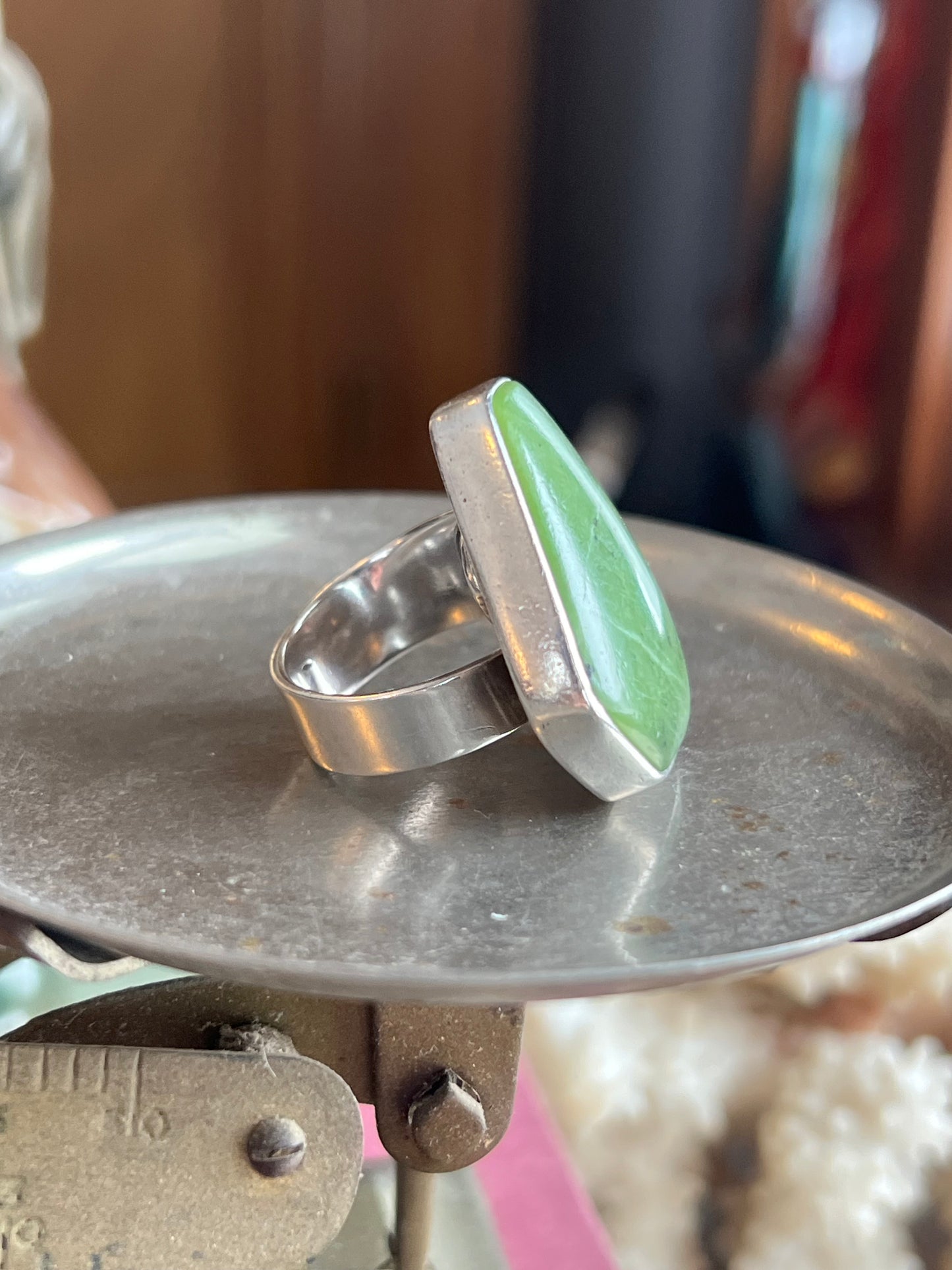 Large Green Stone & Highest Grade .950 Sterling Silver Ring