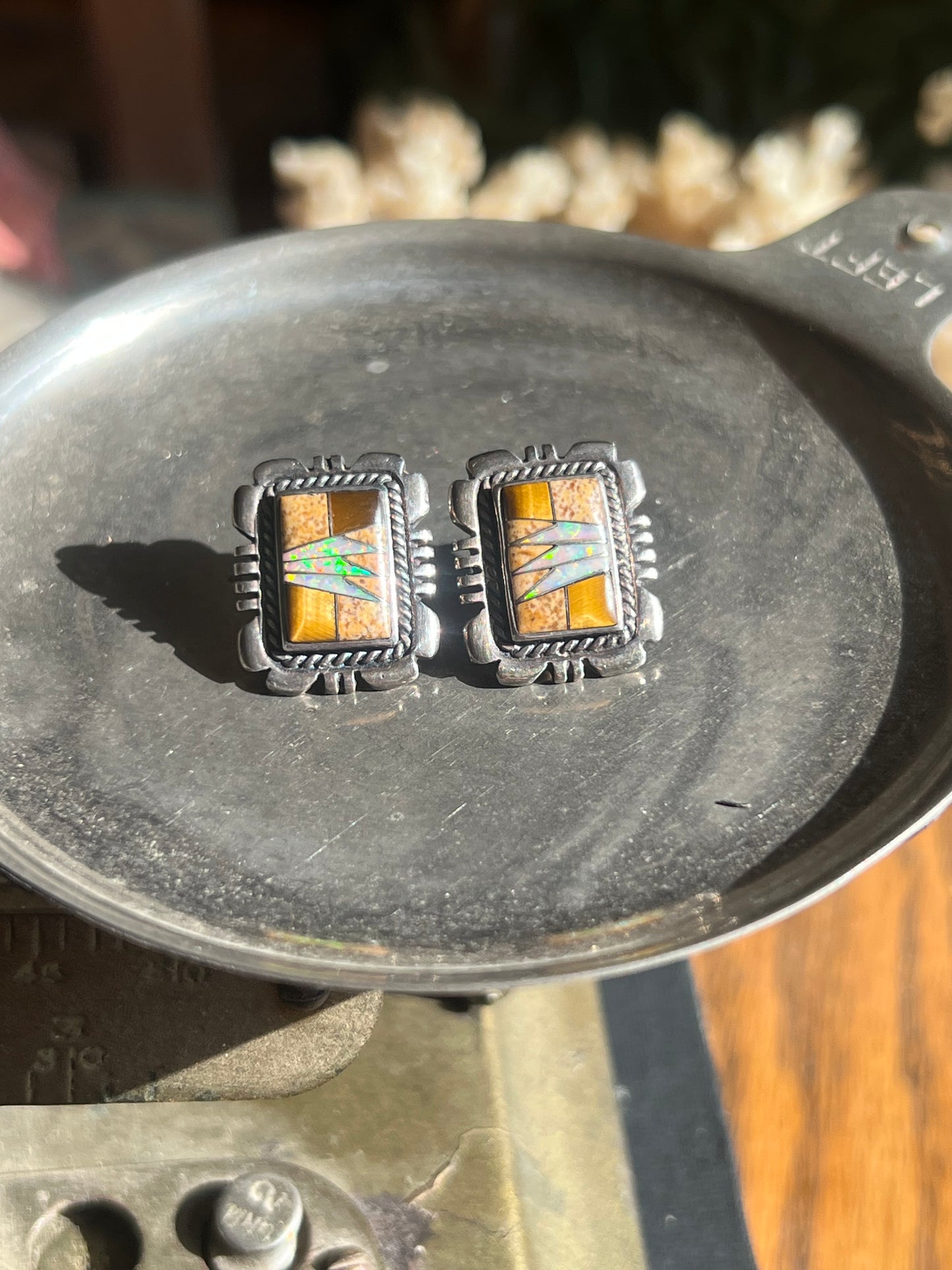 Sterling Silver Tan/Brown/Onyx/MOP Inlay Earrings