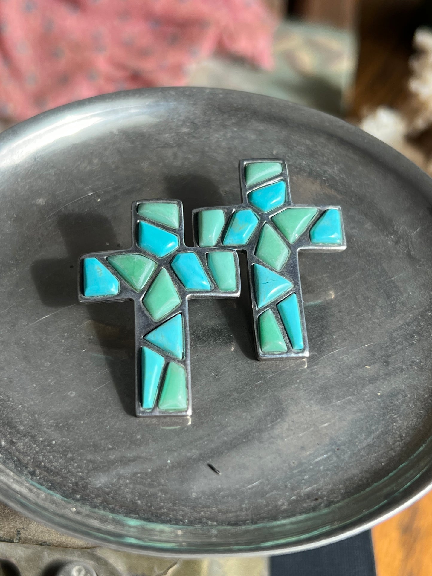 Turquoise/Green Cluster Stone Cross Post Earrings