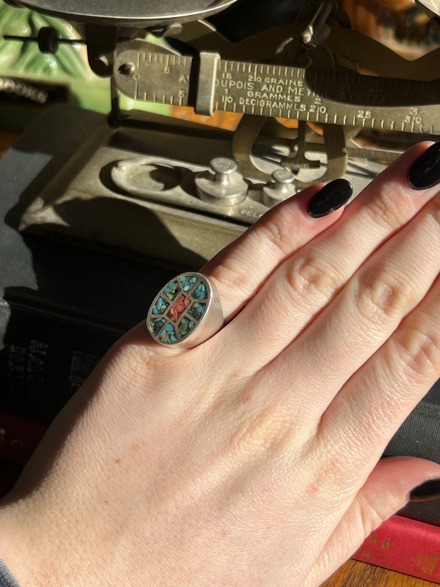 Turquoise & Coral Crushed Inlay Ring