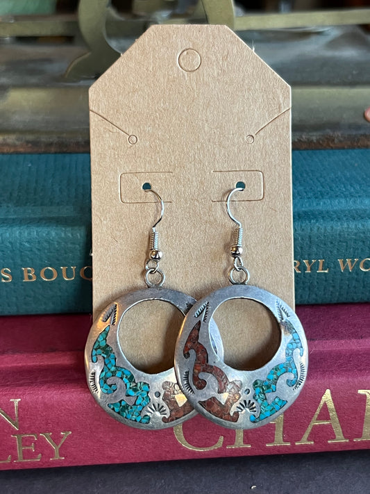 “B” Turquoise & Coral Crushed Inlay Drop Hoops