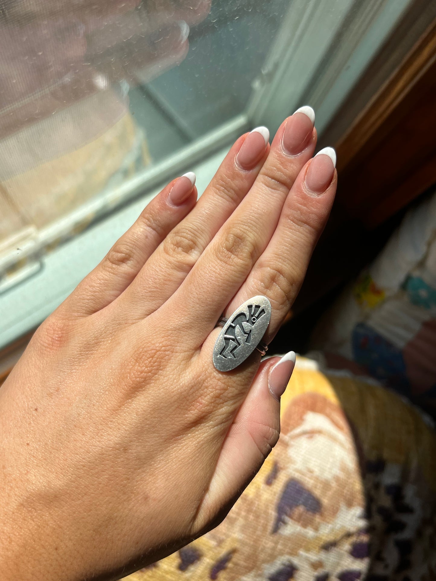 Signed Hopi Overlay Kokopelli Sterling Silver Ring
