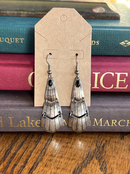 Black Onyx Stone Silver Feathered Drop Earrings