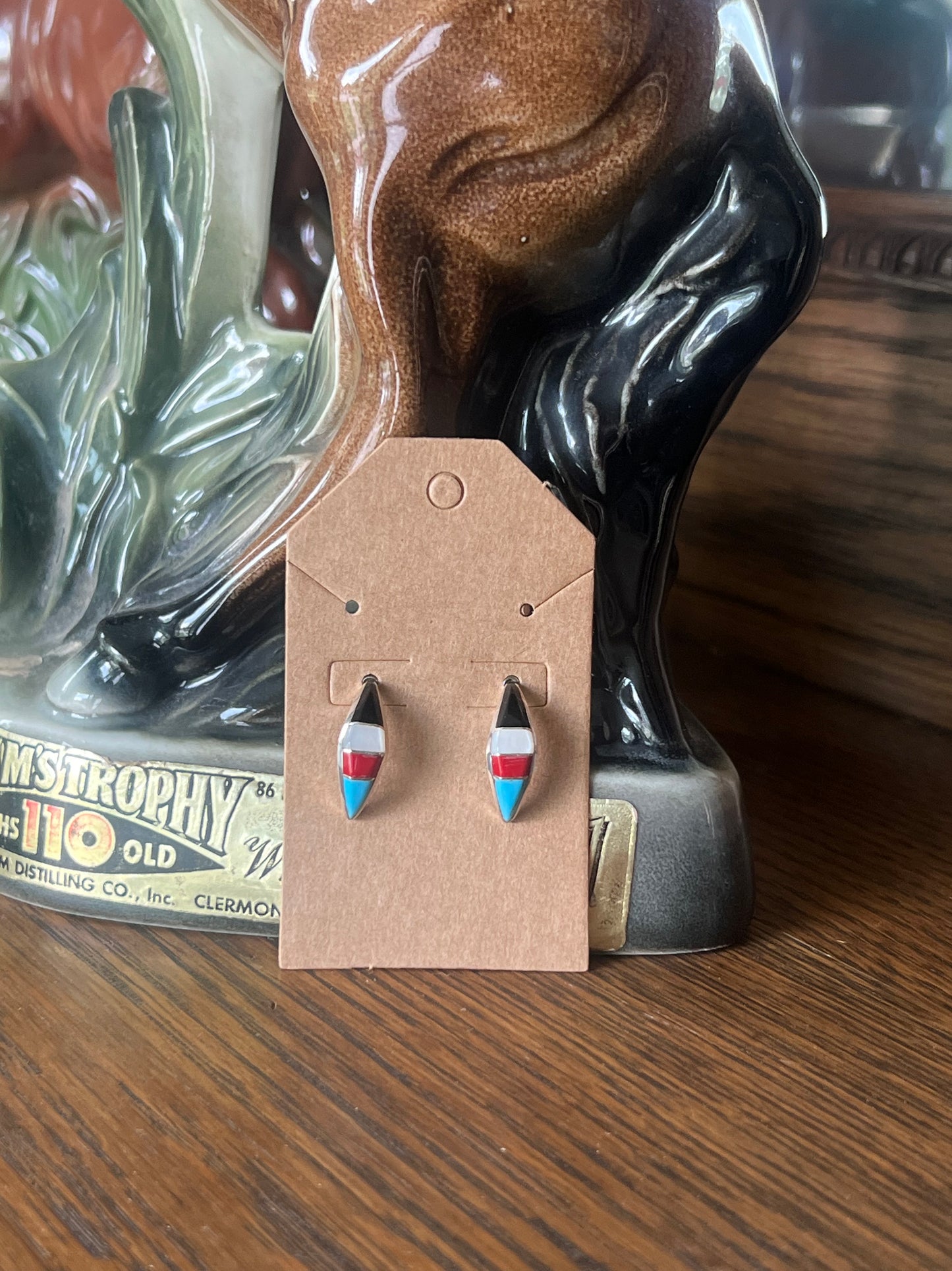 Signed RK Black, Coral, & Turquoise Inlay Post Earrings