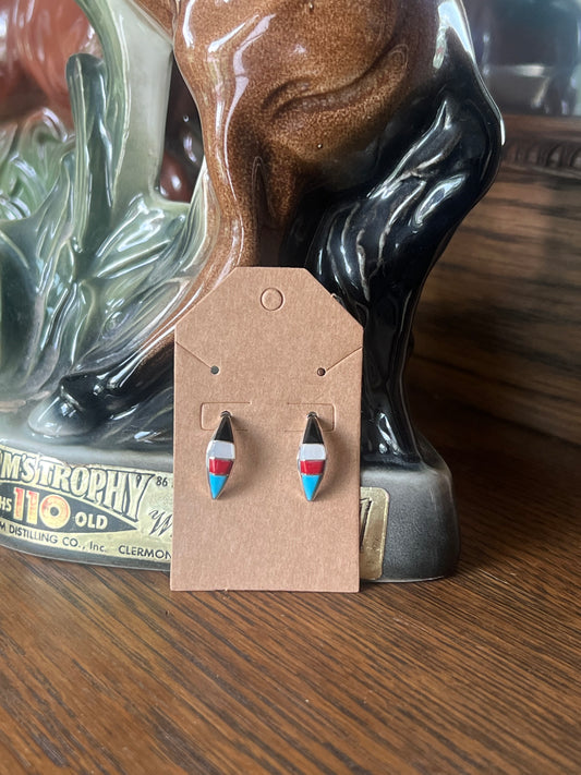 Signed RK Black, Coral, & Turquoise Inlay Post Earrings