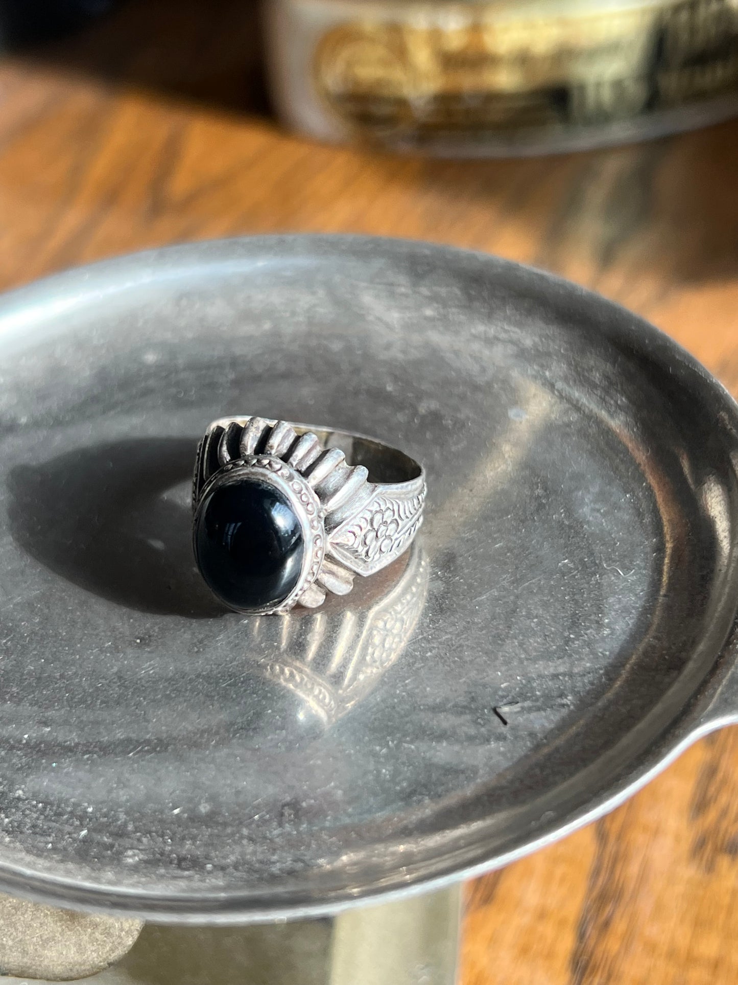 Black Onyx Ring with Flower Detailed Band