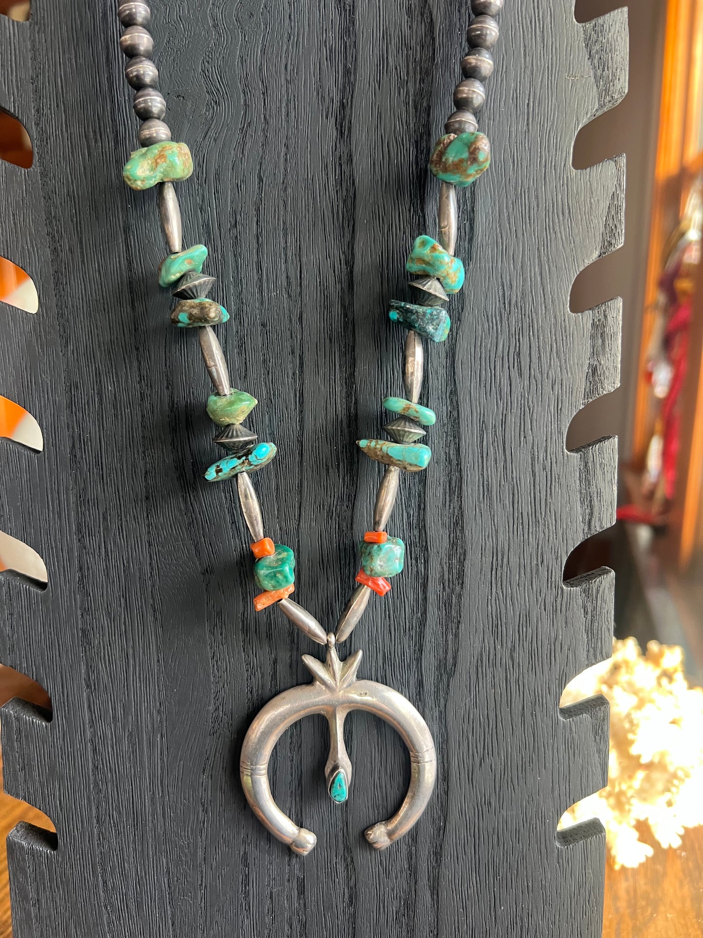 Vintage Navajo Pearl & Raw Chunky Stone Squash Blossom Necklace