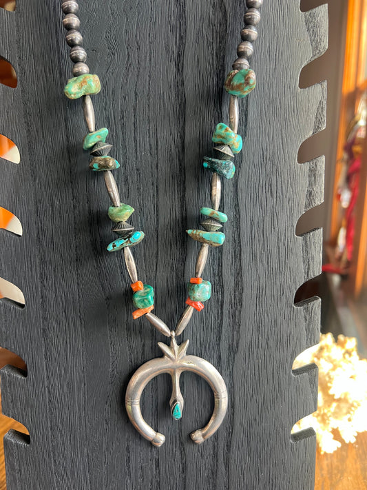 Vintage Navajo Pearl & Raw Chunky Stone Squash Blossom Necklace