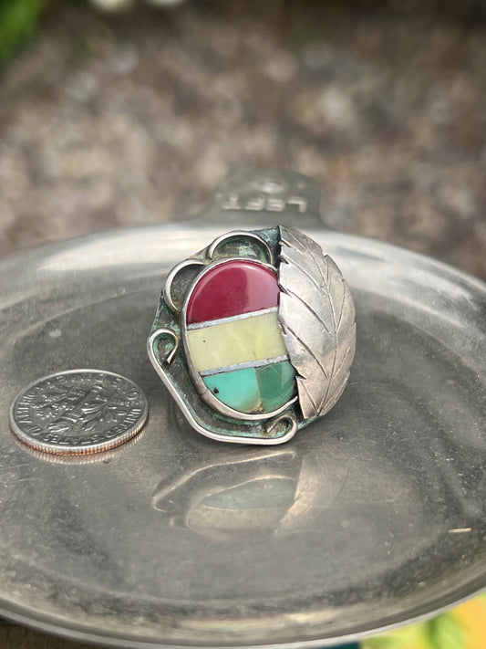 Blue, Green, Ivory, Deep Red Inlay with Feather Design Ring