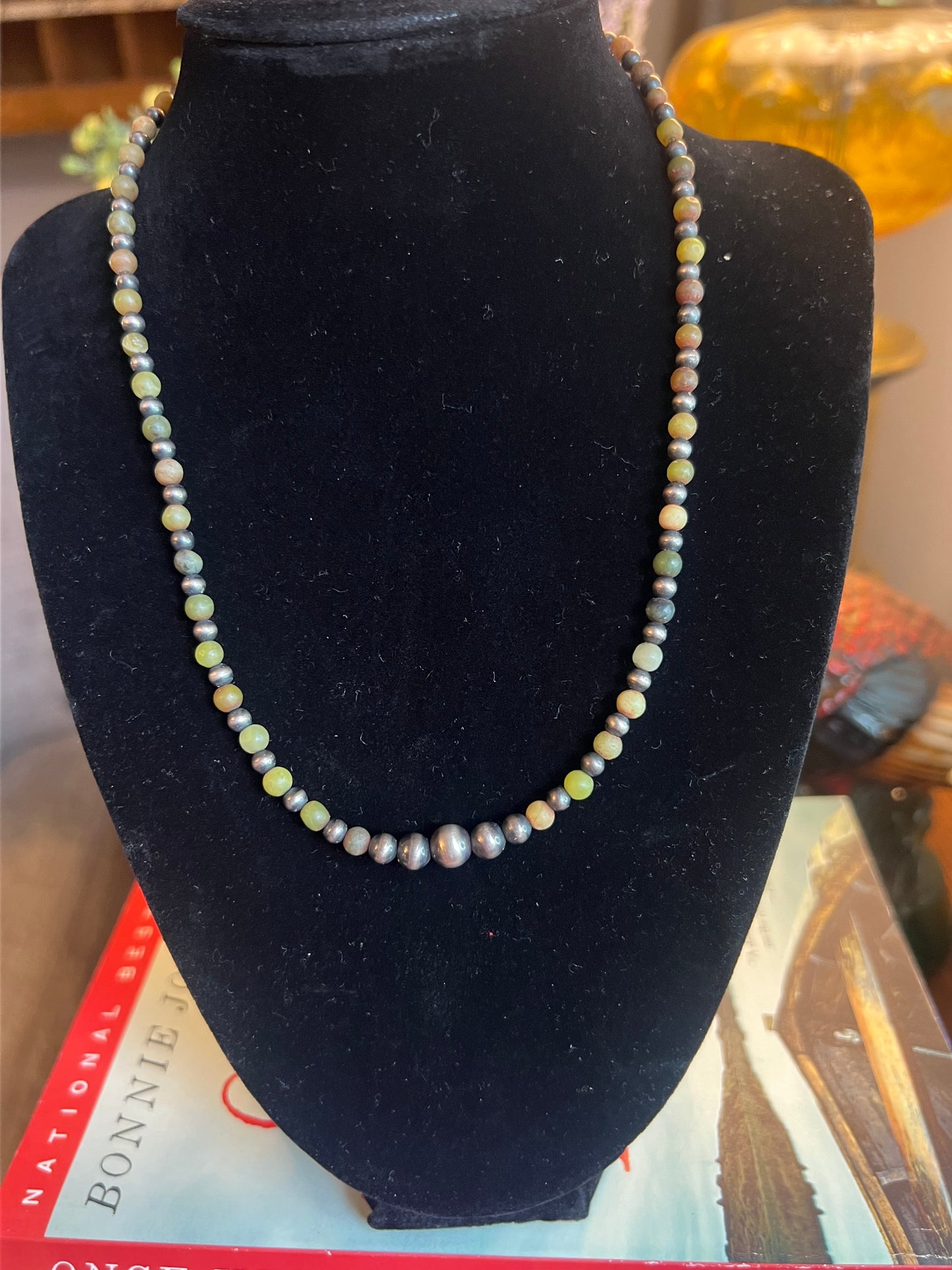 Variated Navajo Pearls and Green Stone Necklace