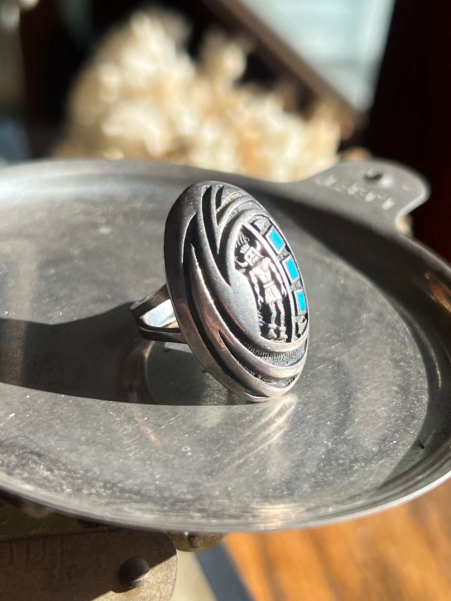 Vintage Silver Kokopelli Man with Turquoise Ring
