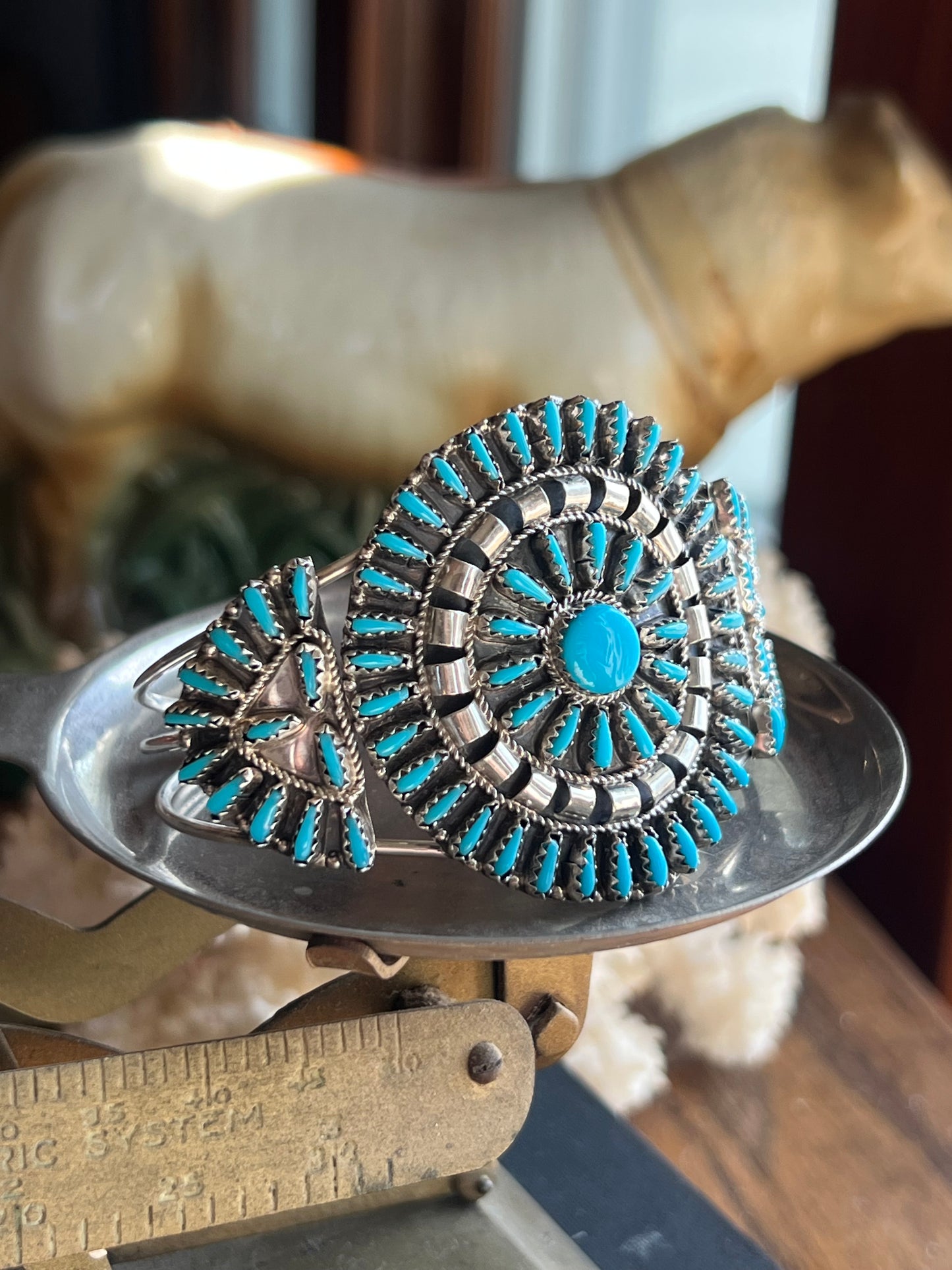 “VJB” Sterling Silver Turquoise Petit Point Zuni Cuff