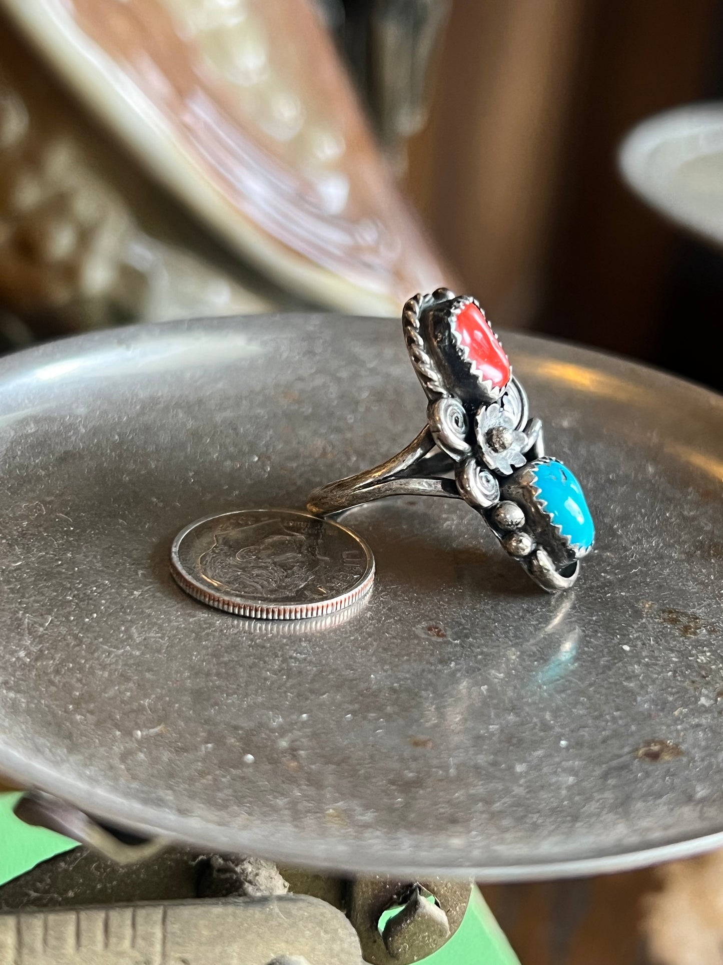 Turquoise & Coral Double Stone Ring