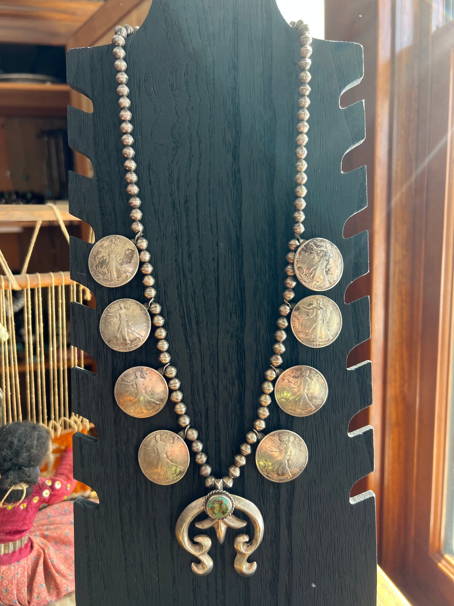 Vintage In God We Trust Coin Squash Blossom with Darling Darlene Stone