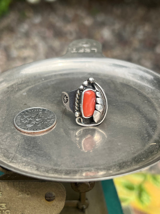 Signed Orange Coral Stone with Feather Ring