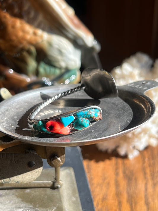 Vintage Turquoise & Coral Silverware Cuff