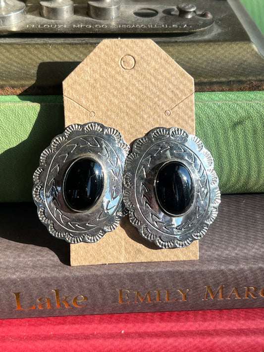 Large Black Onyx & Sterling Silver Huggie Post Earrings