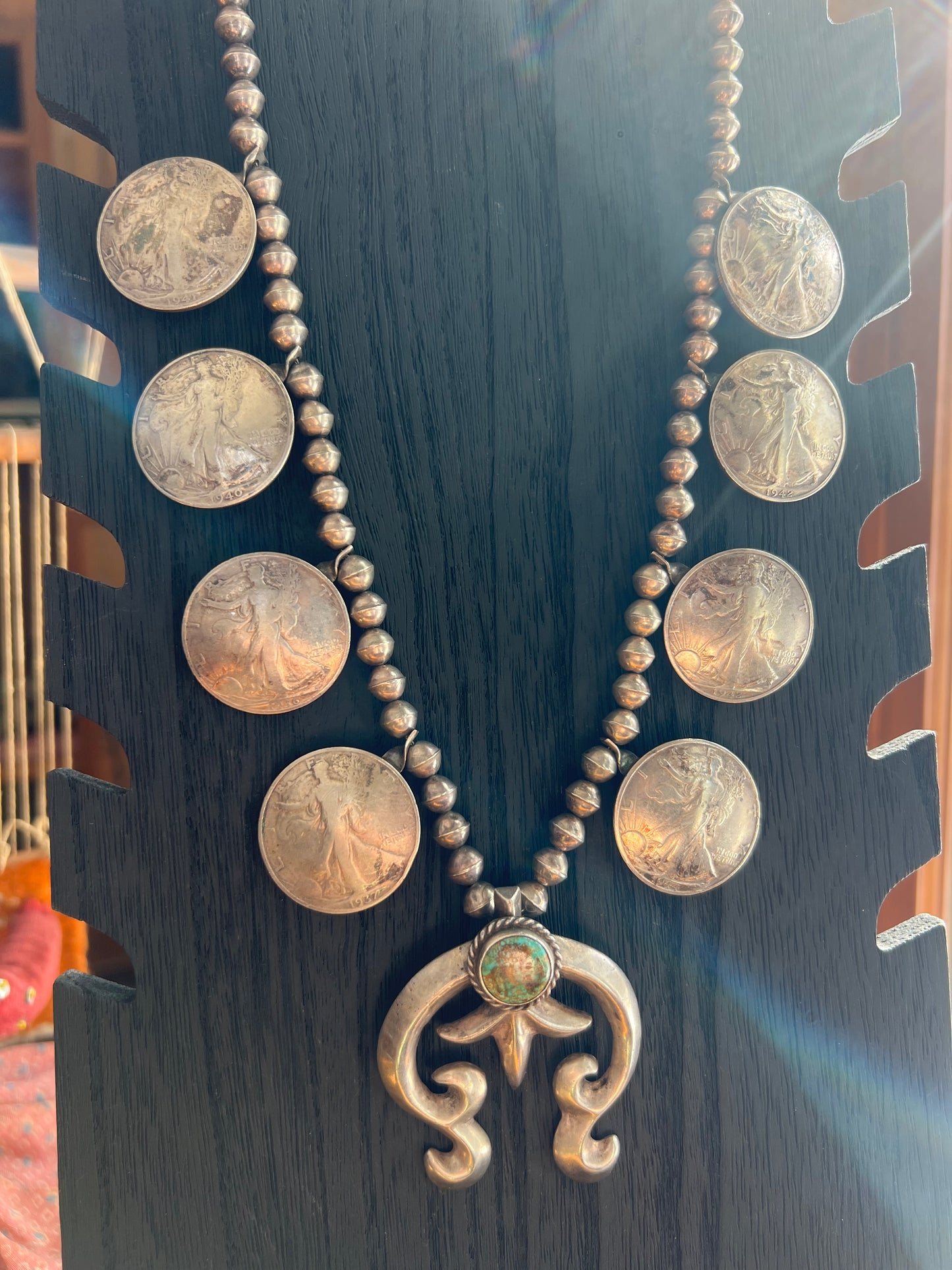 Vintage In God We Trust Coin Squash Blossom with Darling Darlene Stone