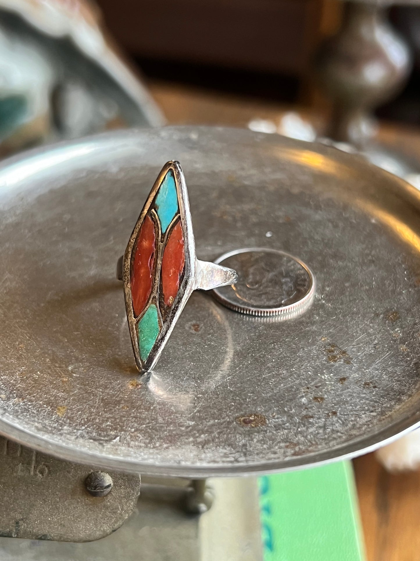 Green/Turquoise & Coral Crushed Inlay Ring