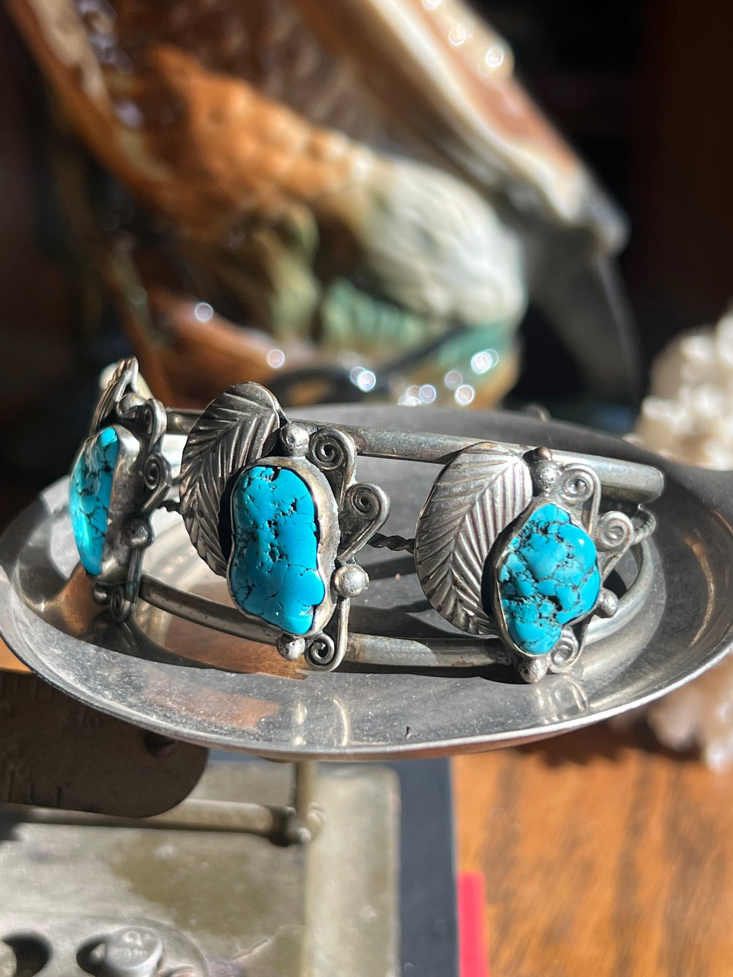 Vintage Kingman Turquoise 3-Stone with Feather Design Cuff