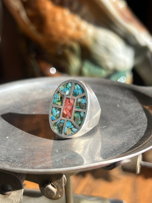 Turquoise & Coral Crushed Inlay Ring