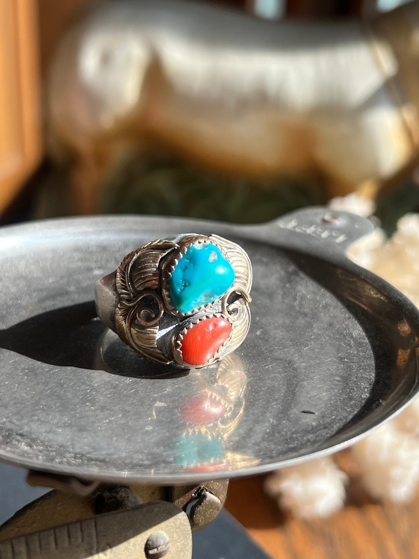 Sterling Silver/ 12KT Gold Filled Turquoise & Coral Double Stone Ring