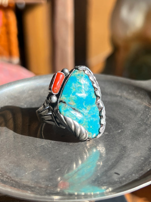 Turquoise & Coral Double Stone Ring