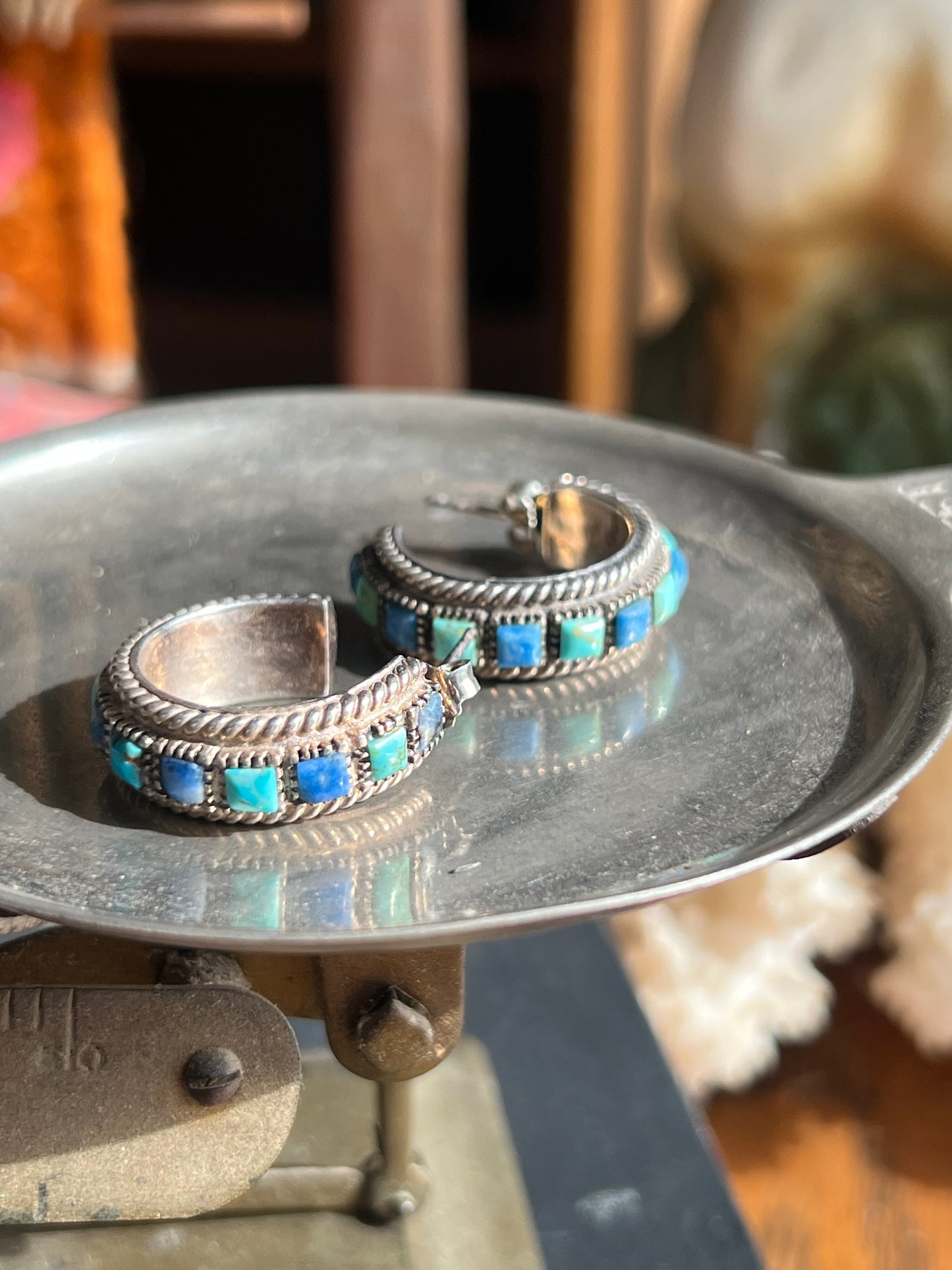Turquoise & Lapis Sterling Silver Half Moon Earrings