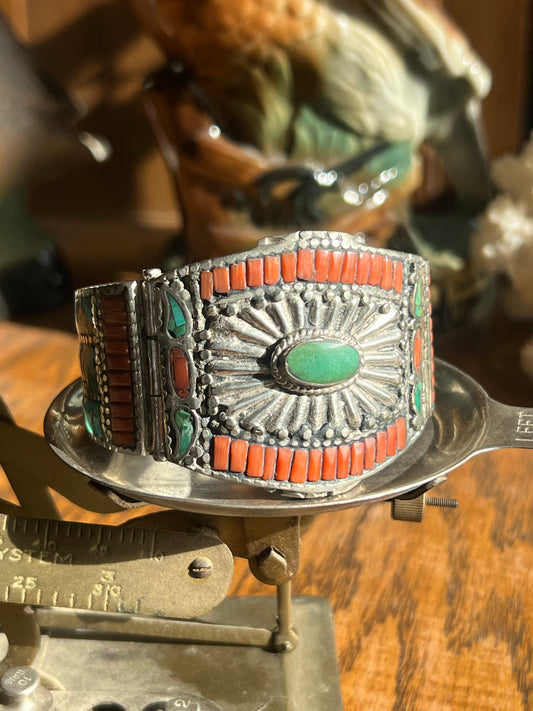 Vintage Tibetan Coral & Green/Turquoise Snap Cuff