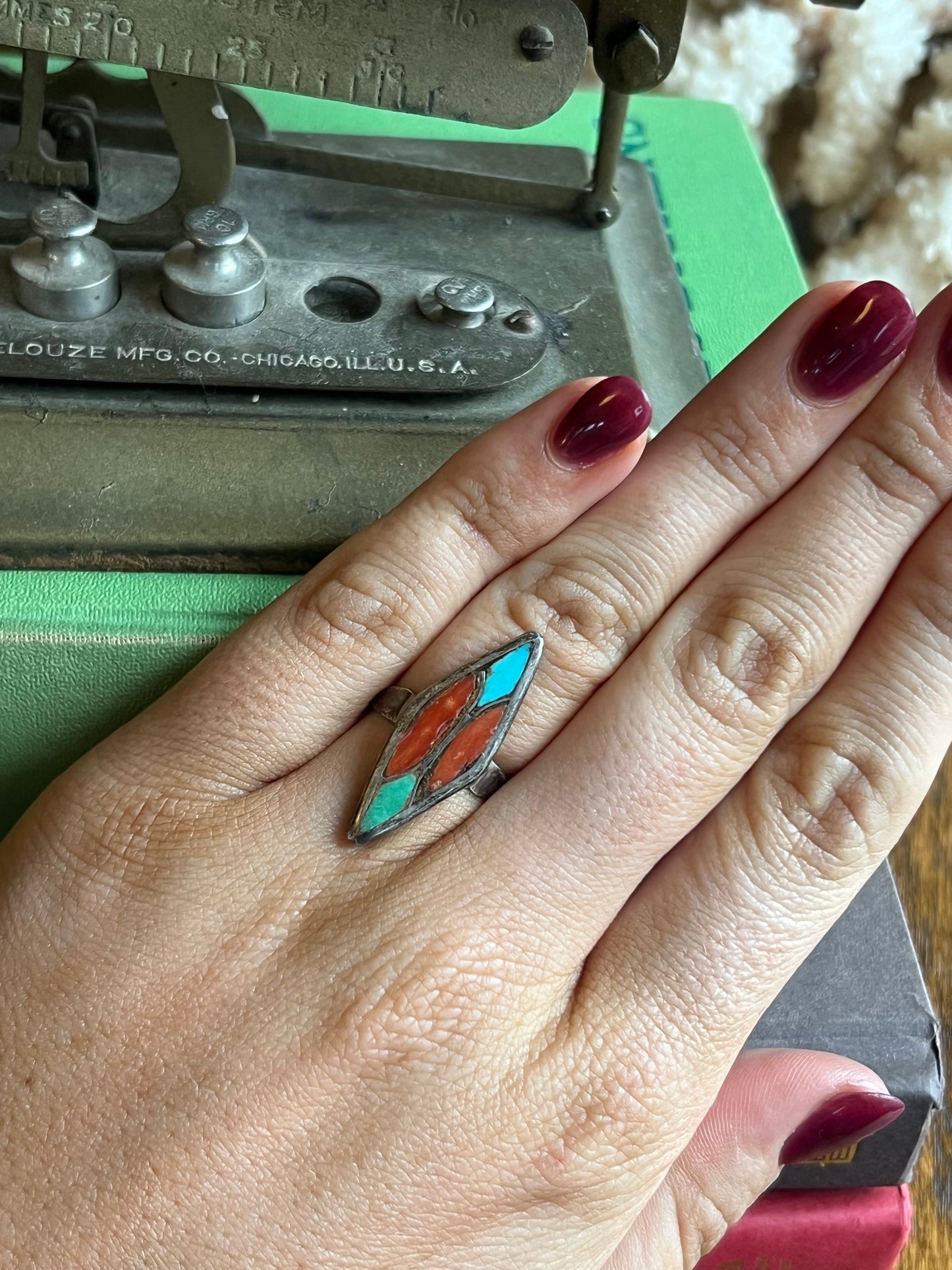 Green/Turquoise & Coral Crushed Inlay Ring