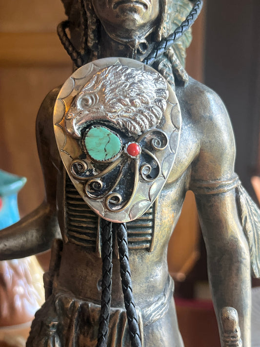 Vintage Hachita Turquoise & Coral 2-Stone with Eagle Head Bolo Tie