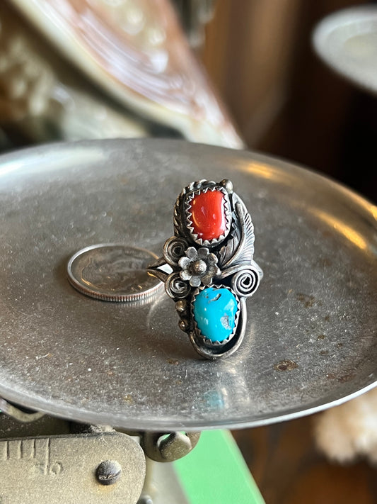 Turquoise & Coral Double Stone Ring