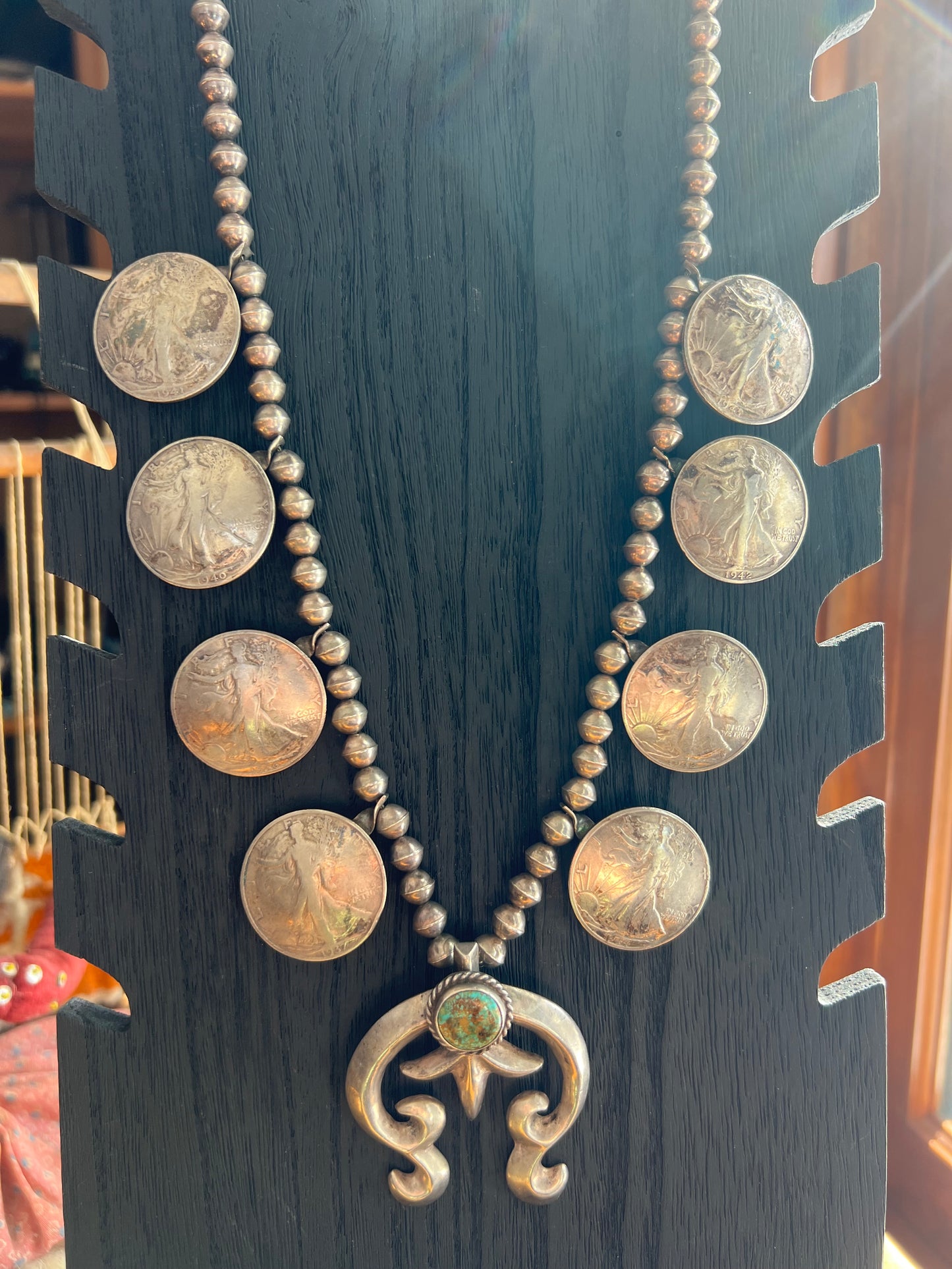 Vintage In God We Trust Coin Squash Blossom with Darling Darlene Stone