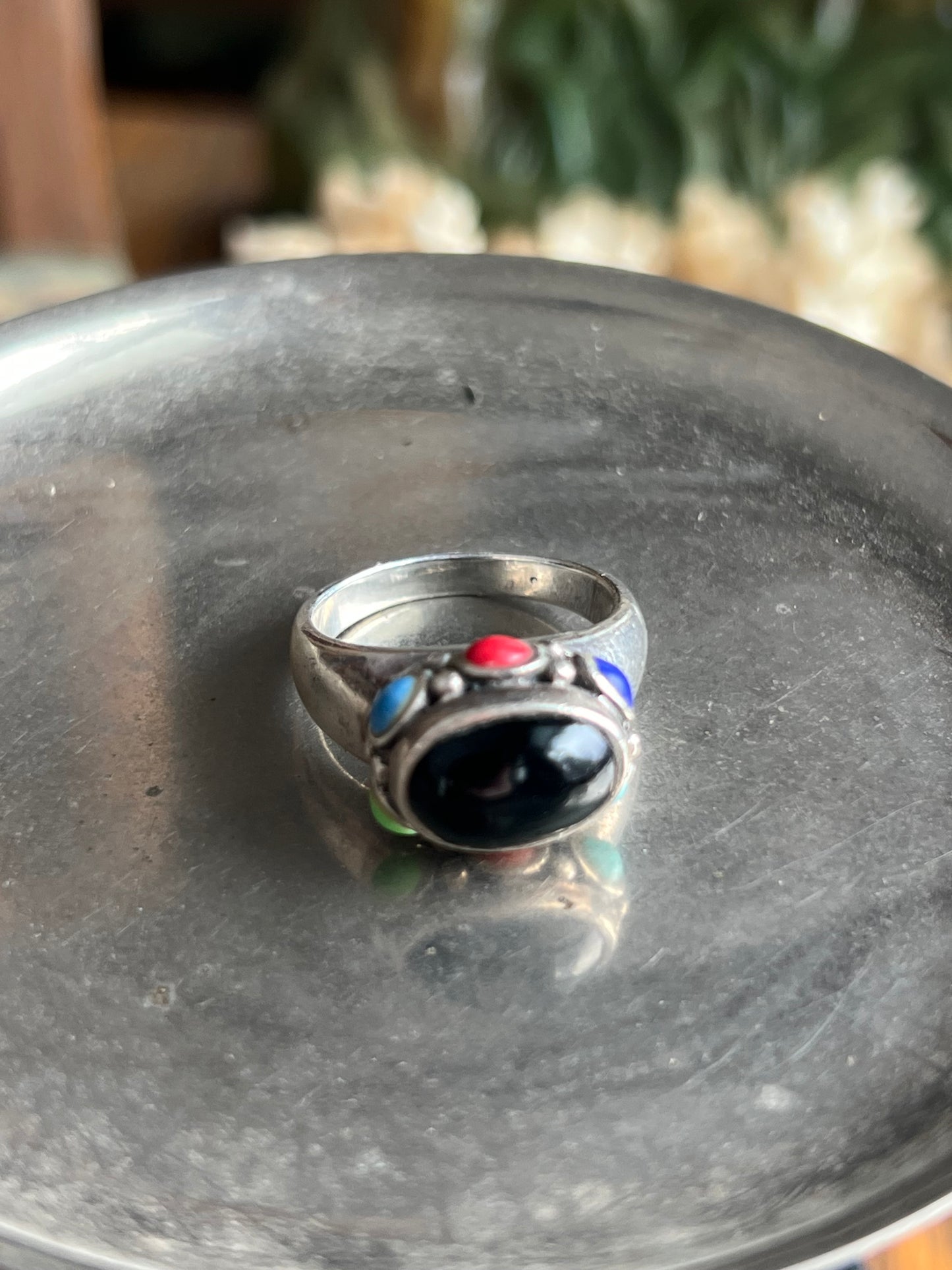 Black Onyx Stone with Multi Color Stone Frame