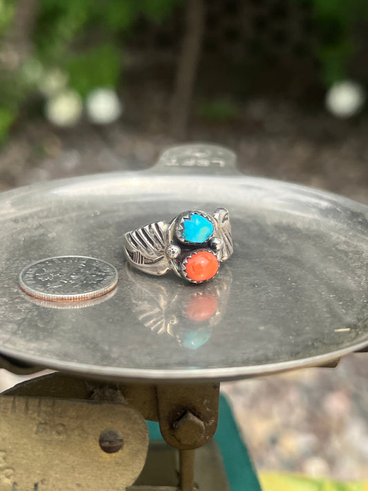 Cripple Creek Turquoise & Orange Coral 2-Stone Ring