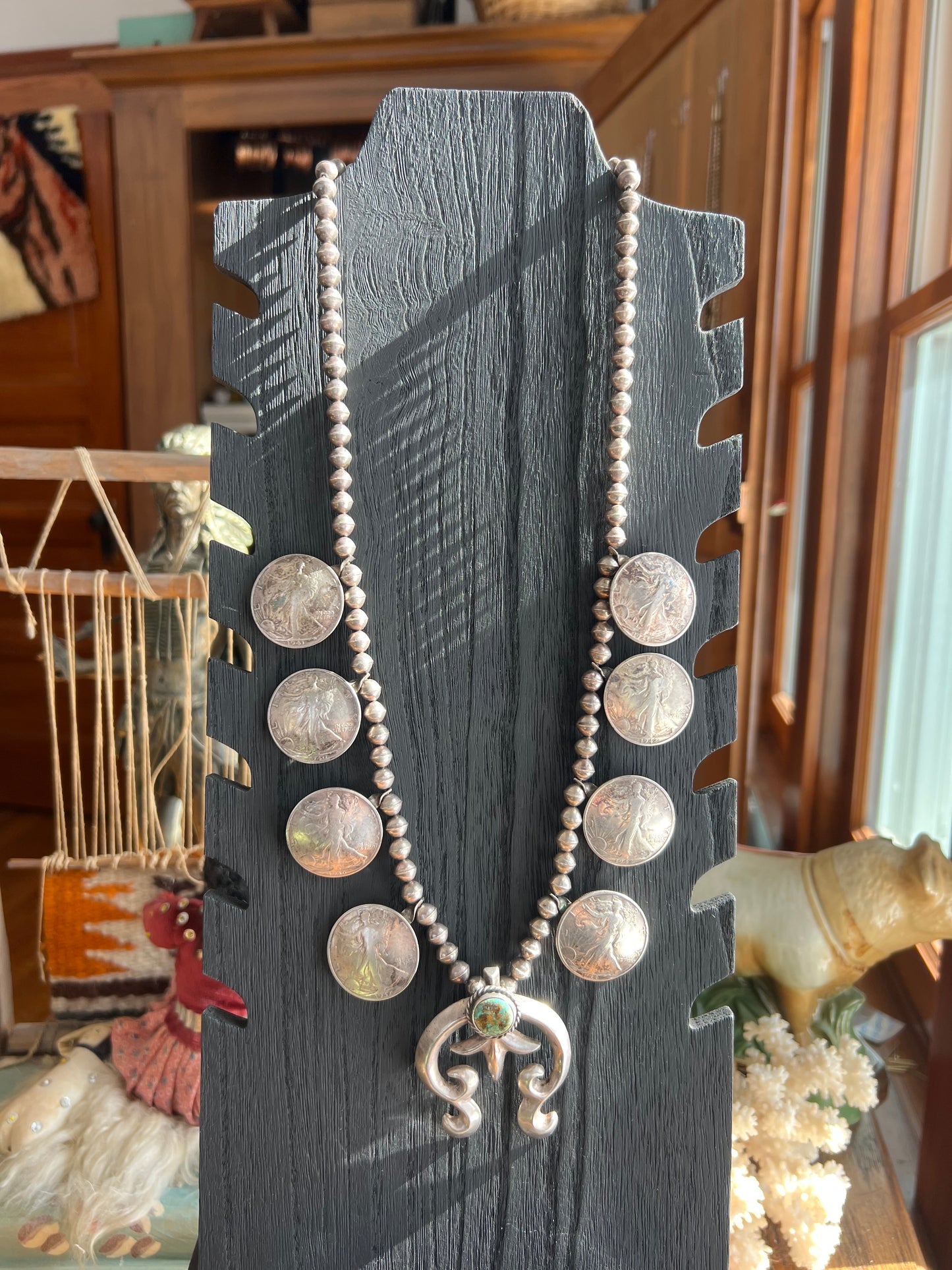Vintage In God We Trust Coin Squash Blossom with Darling Darlene Stone