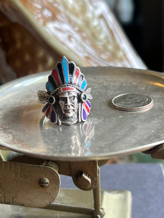 Sterling Silver & Multi Color Inlay Indian Chief Ring