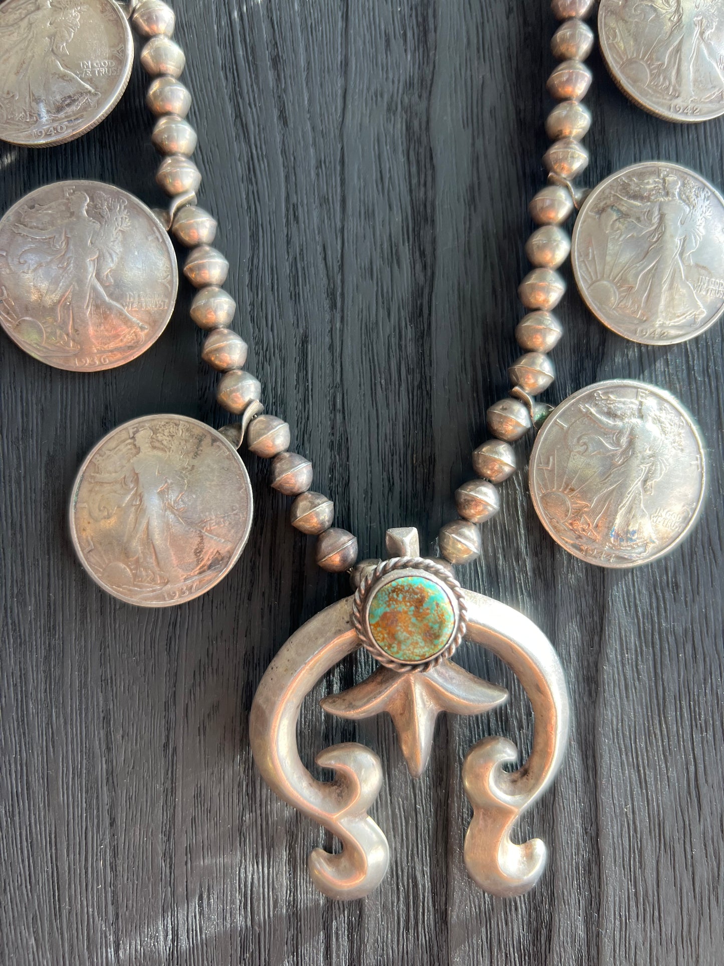 Vintage In God We Trust Coin Squash Blossom with Darling Darlene Stone