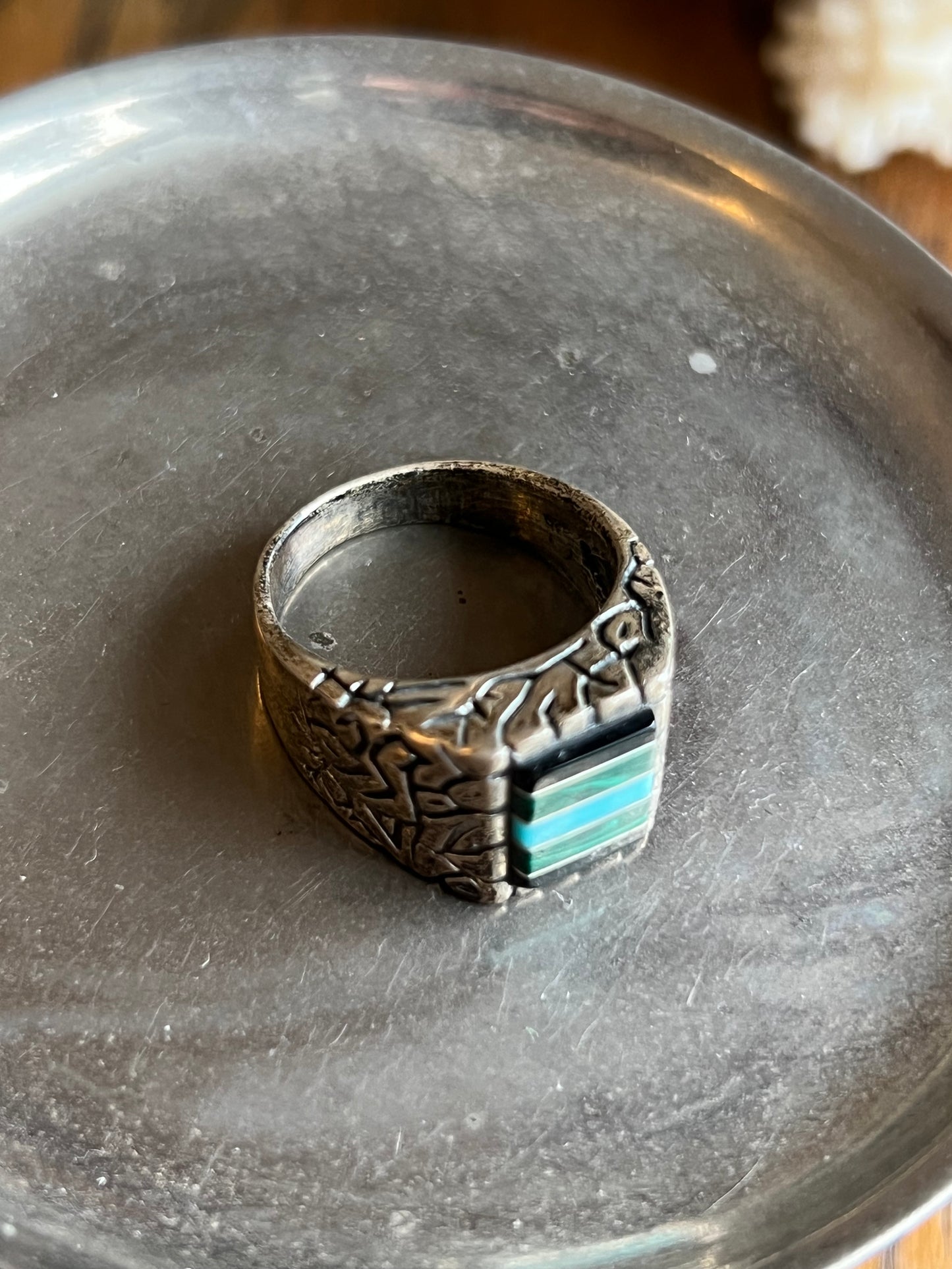 Old Pawn Onyx, Malachite, & Turquoise Sterling Silver Ring