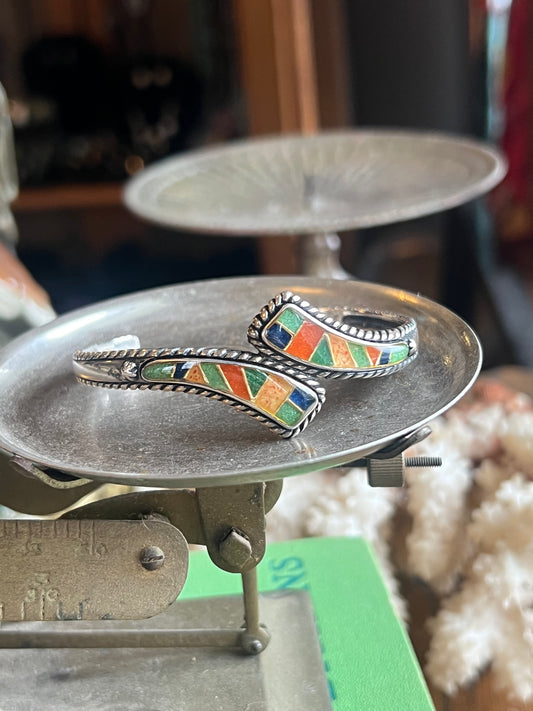 Multi Color Inlay Sterling Silver Cuff