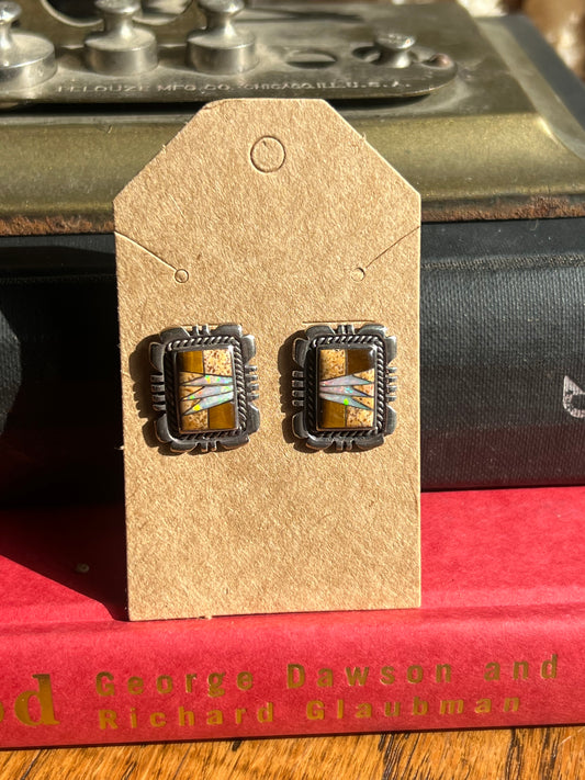 Sterling Silver Tan/Brown/Onyx/MOP Inlay Earrings