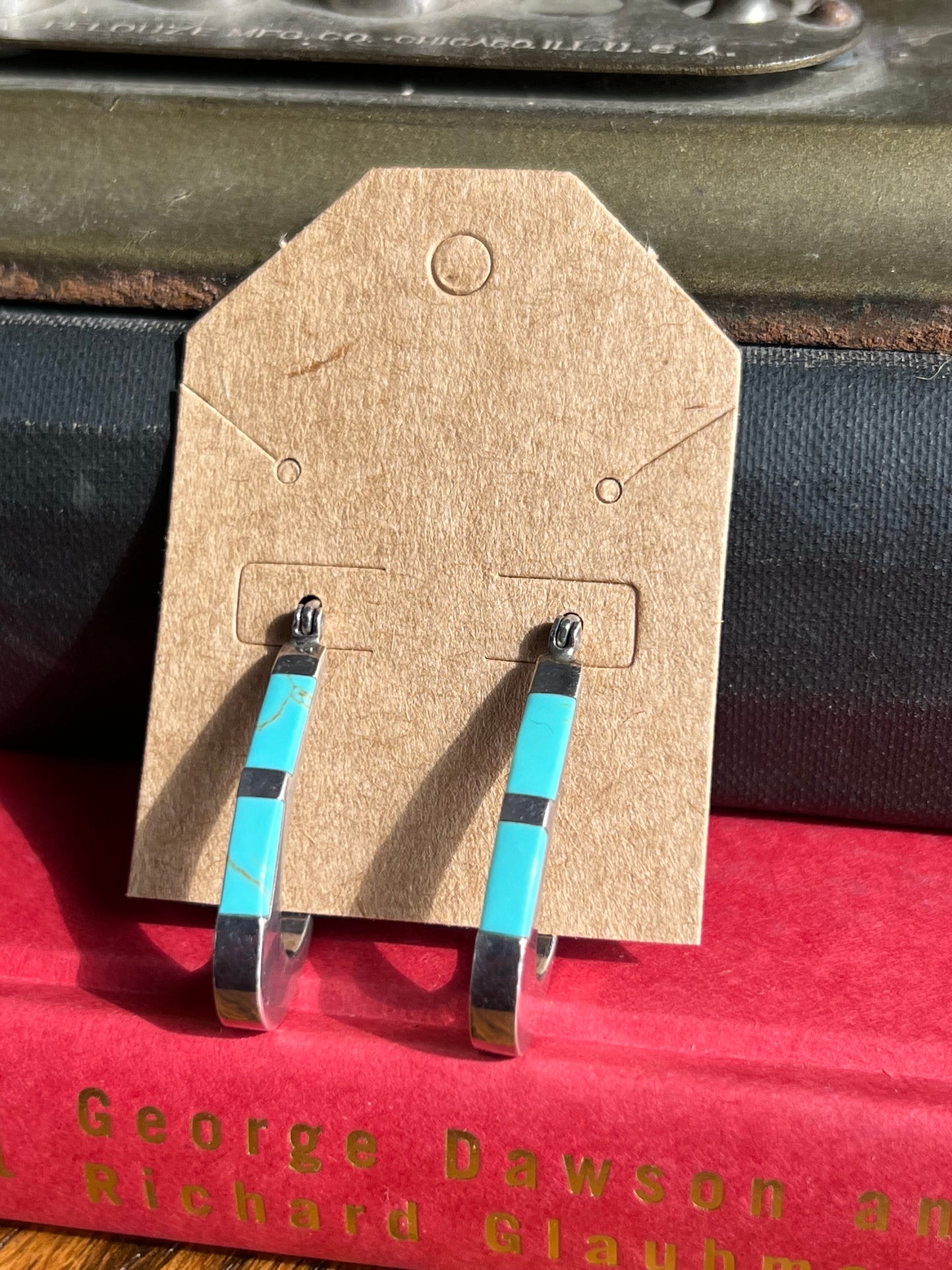 Crushed Turquoise Inlay Sterling Silver Hoop Earrings