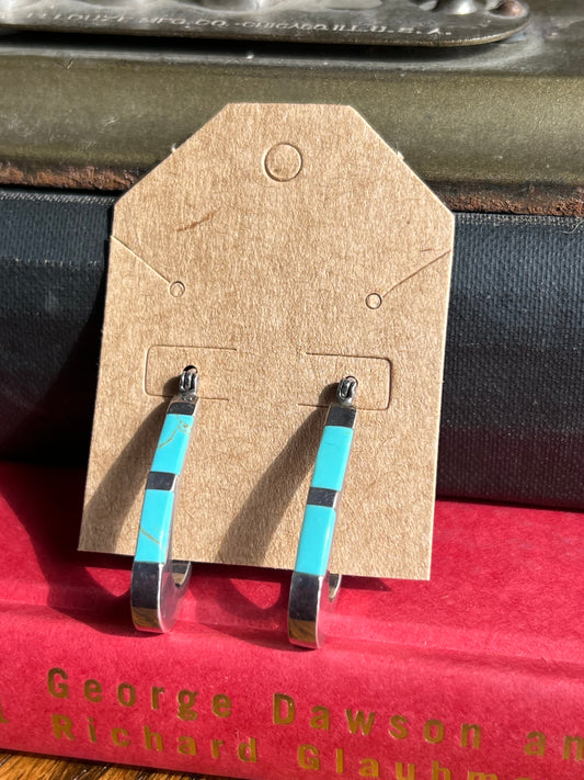 Crushed Turquoise Inlay Sterling Silver Hoop Earrings