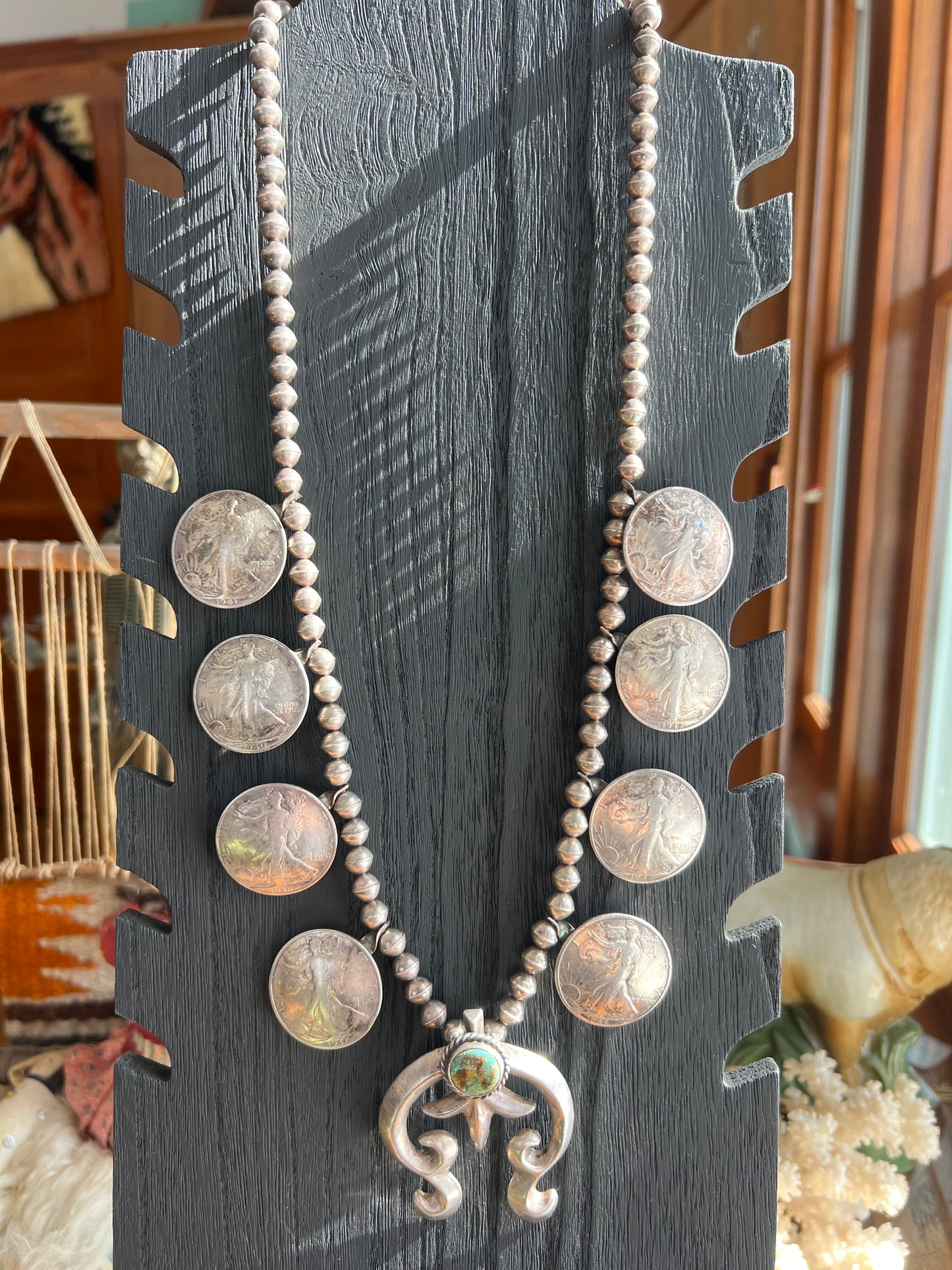 Vintage In God We Trust Coin Squash Blossom with Darling Darlene Stone