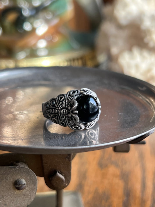 Signed “NF” Black Onyx & Sterling Silver Ring