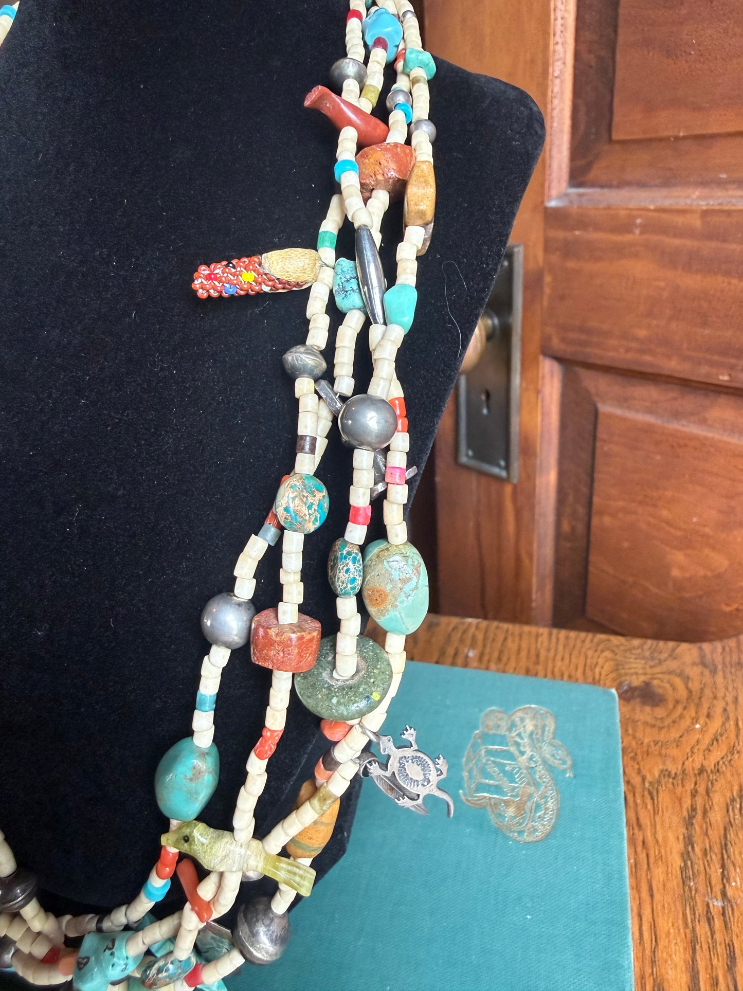 Handmade & One of a Kind 4-Strand Fetish Necklace with Zuni, Sterling, & Turquoise Charms