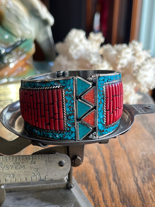 Vintage Tibetan Coral & Crushed Turquoise Hinge Snap Cuff