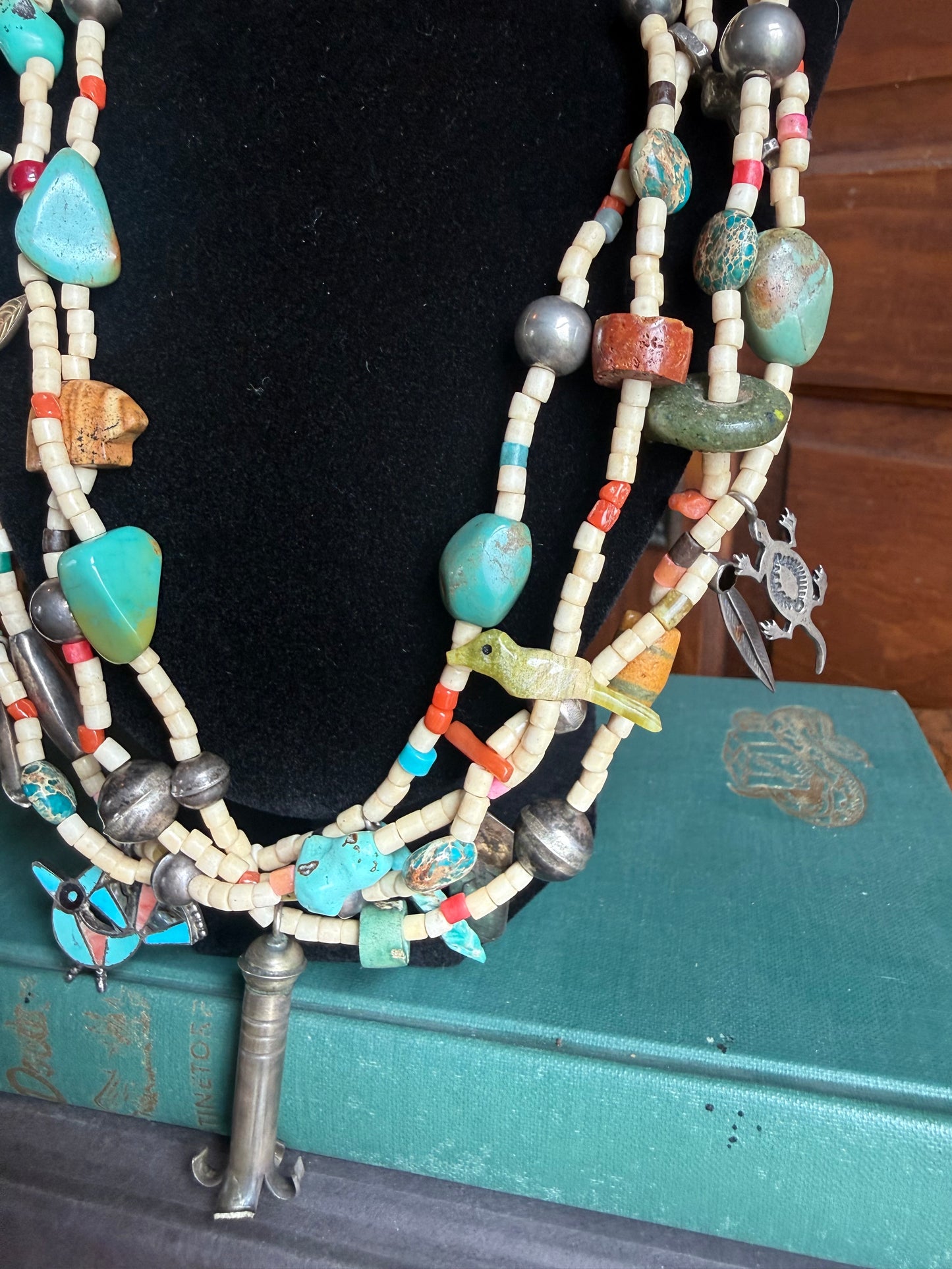 Handmade & One of a Kind 4-Strand Fetish Necklace with Zuni, Sterling, & Turquoise Charms